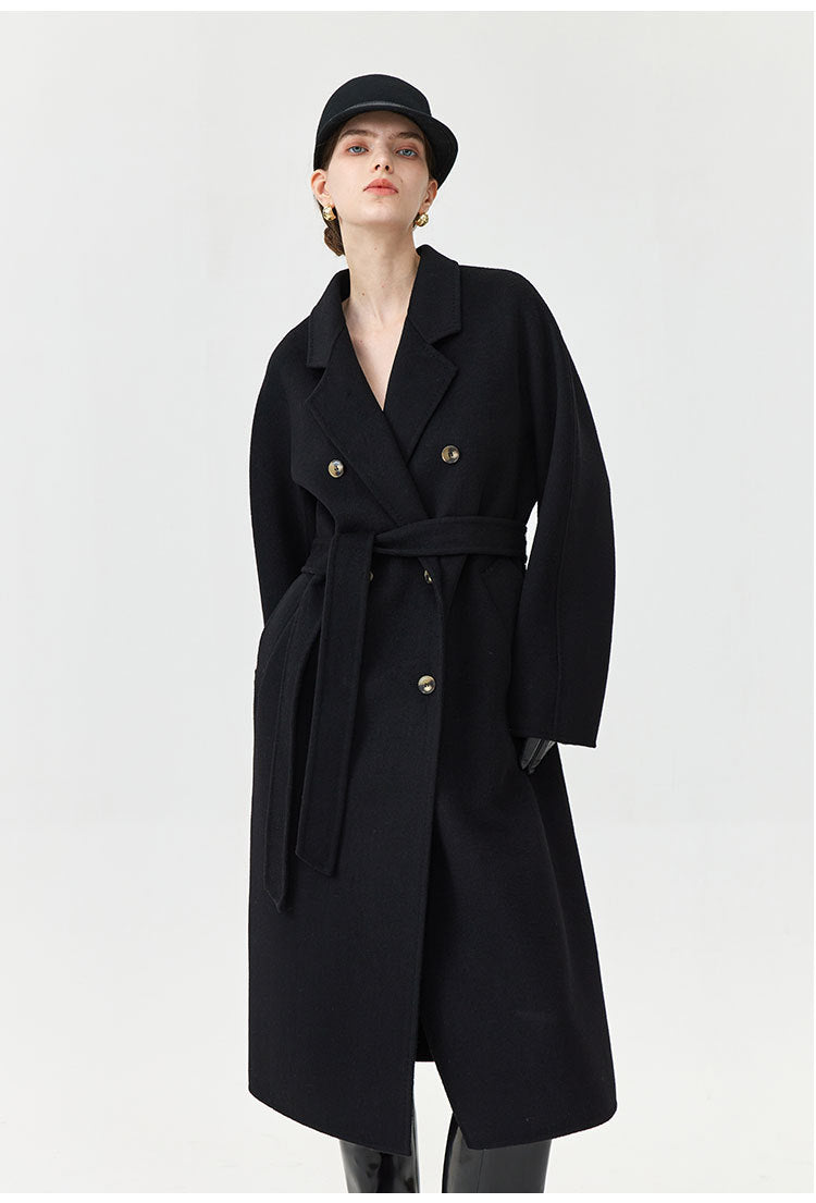 Women's loose double-breasted lace-up wool coat