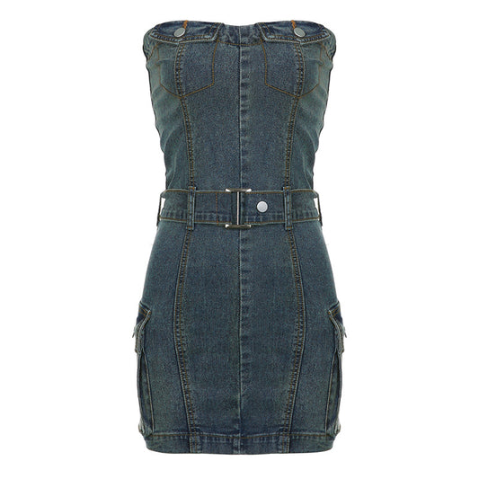 Y2K Strapless Waist Denim Dress