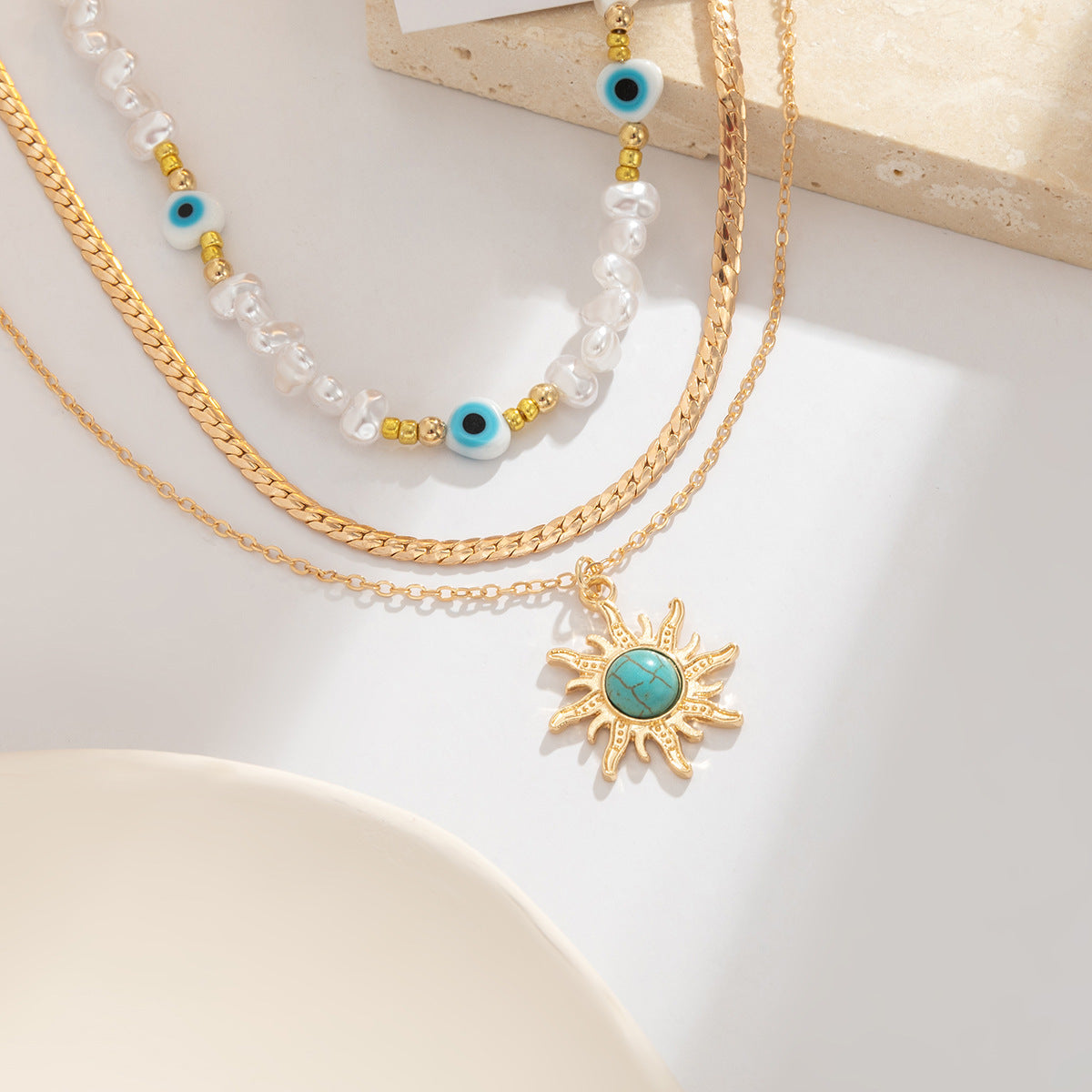 Beach Vacation Sunflower Turquoise Pendant Necklace Set