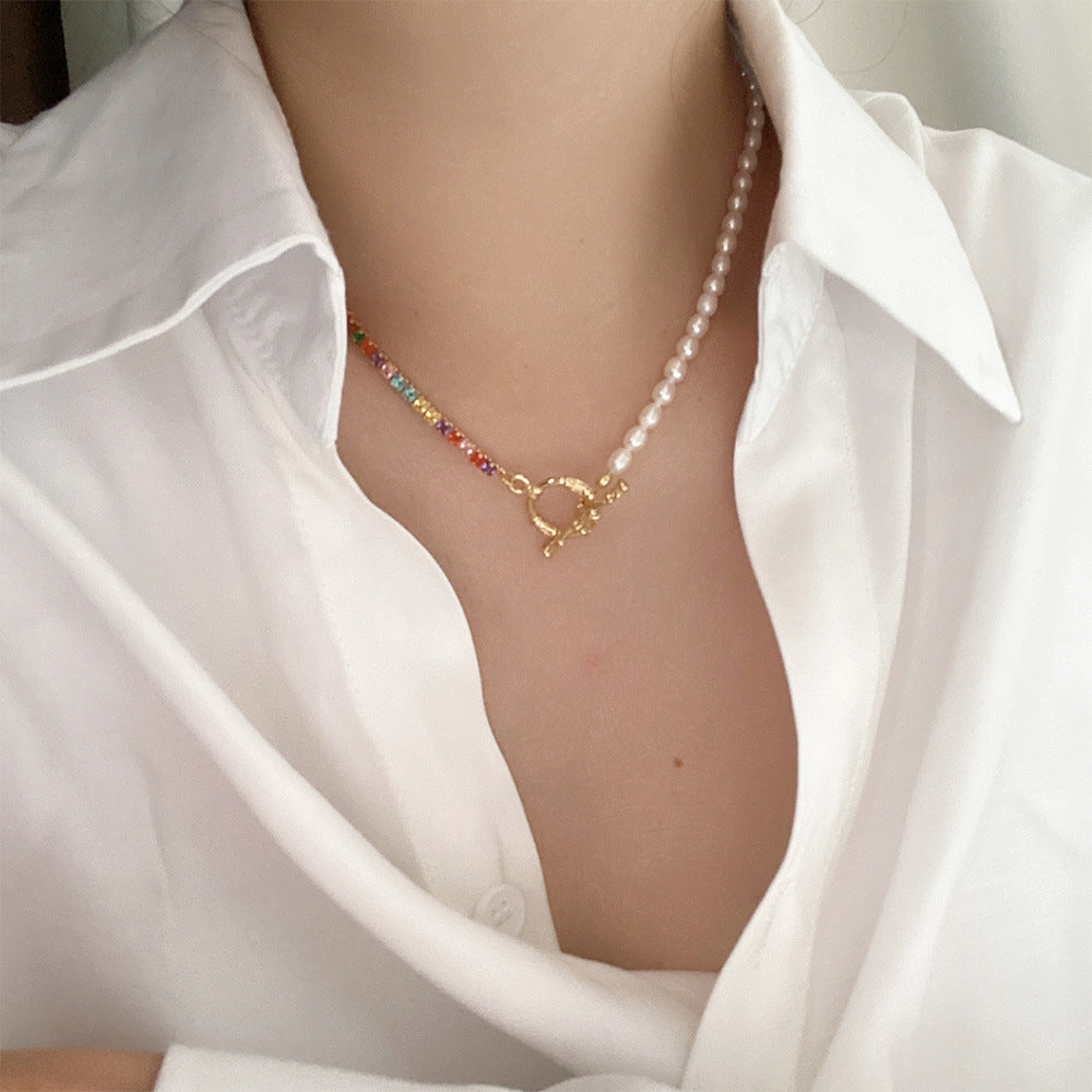 Natural Freshwater Pearl mosaic Color Zircon Clavicle Chain