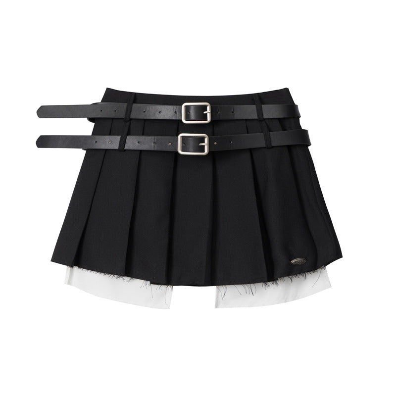 Double Belt Pleated Skirt