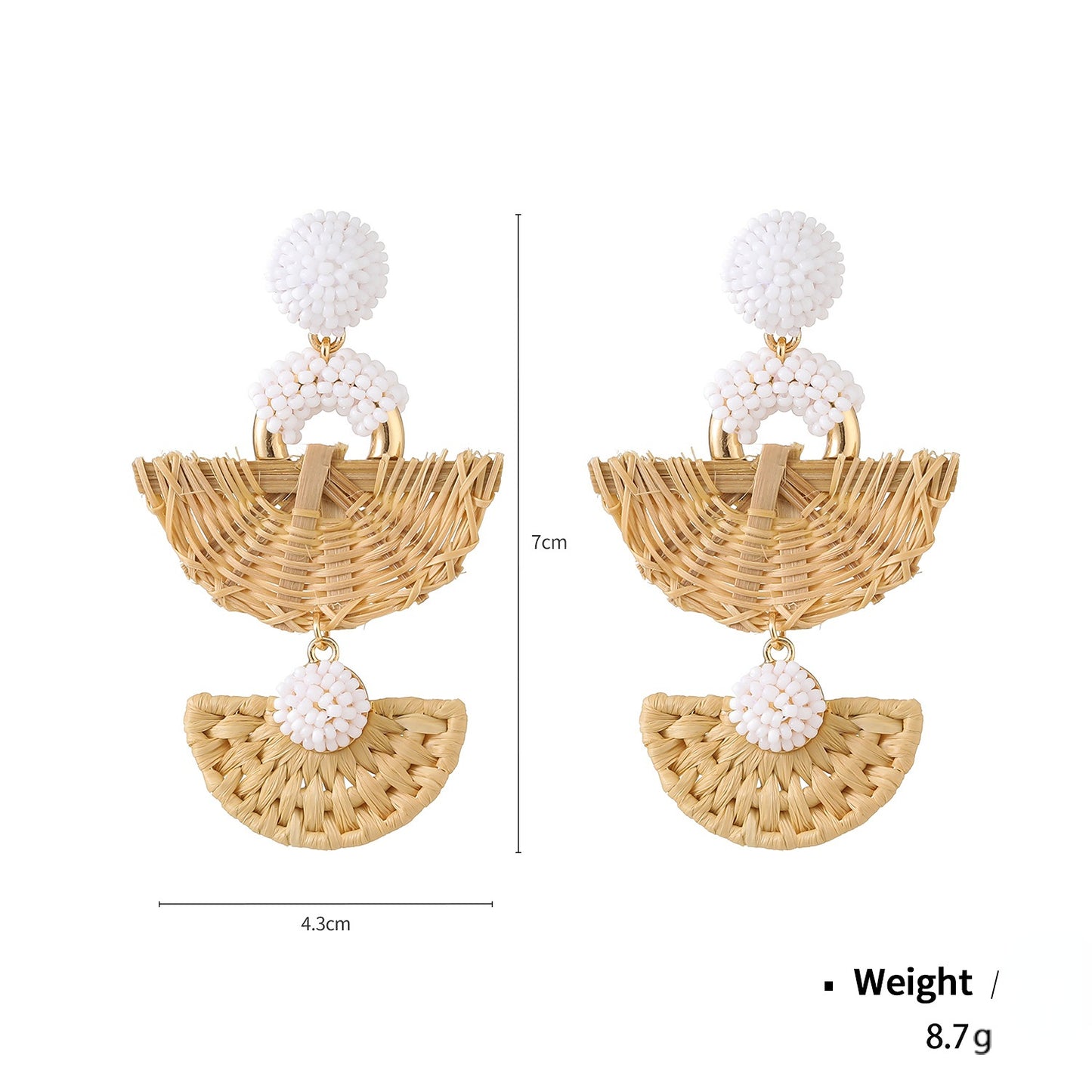 Perline di riso intrecciate a mano in stile vacanza al mare e orecchini smerlati in rattan